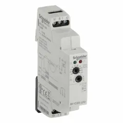 DIN-rail mounted relay for overcurrent monitoring with adjustable trip point from 0.5 to 5 A set via rotary knob. Rated for 15 A and 24 to 240V AC supply. Features LED status indicator and terminal strip connection. Used in industrial applications such as motor protection, conveyor systems, and HVAC equipment to detect excessive current and trigger alarms or shutdowns.