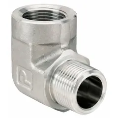 This 90° metal pipe elbow is made from 316 stainless steel with a fitting pipe size of 3/4 in x 3/4 in and a maximum operating pressure of 3,500 psi. It has an overall length of 2 55/64 in. Used in extreme-pressure instrumentation systems to change fluid direction by 90 degrees.