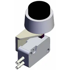 Manual pneumatic control valve with extended button actuator for hand operation. Side-ported body with 3 ports and 4 mm push-on connections for tubing installation. Suitable for directing airflow in pneumatic systems.