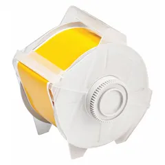 Continuous label roll made of yellow gloss vinyl for outdoor use. Features a removable and repositionable adhesive. Compatible with GlobalMark 2 printer series. Used for industrial labeling where temporary or adjustable identification is needed.