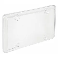 Clear polymer cover measuring 12 3/8 inches in length and 6 1/4 inches in width. Designed to protect license plates from dirt, moisture, and minor impacts. Suitable for use on vehicles, trailers, and equipment to maintain plate readability.