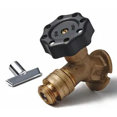 This brass sillcock features a rough brass finish and a plastic handwheel handle. It has a 3/4-inch NPT inlet connection and a No Kink design to reduce hose bending. With an overall height of 4 inches, it is used for outdoor water access in light commercial or residential settings.