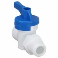 This acetal ball valve features a straight body and wedge handle for manual on/off flow control. Rated for a maximum cold working pressure of 115 psi, it is suited for low-pressure water, air, and chemical handling systems in compact piping layouts