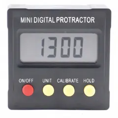 This digital angle finder measures angles from 0° to 180° with a plastic body and LCD display. Powered by a Li-Ion battery (included), it is used for setting miter saws, checking bevels, and transferring angles in carpentry, metalworking, and construction.