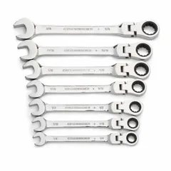 This 7-piece set includes SAE 12-point ratcheting combination wrenches made of alloy steel with a full polish chrome finish. The rounded beam design and corrosion-resistant surface suit general fastening tasks in mechanical assembly and maintenance. The 12-point ratcheting action allows efficient tightening and loosening without repositioning.