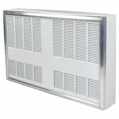Fan-forced surface-mount electric cabinet wall heater with 9600 W output and 350 cfm airflow. Operates on 240V AC, 3-phase power. Suitable for heating large indoor spaces such as warehouses, workshops, and industrial areas.
