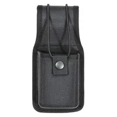 This duty equipment pouch is constructed from black ballistic nylon and measures 7 1/2 inches by 3 3/4 inches. It features a snap closure and is designed to carry a two-way radio and phone. Suitable for use by security personnel and first responders requiring quick access to communication devices.