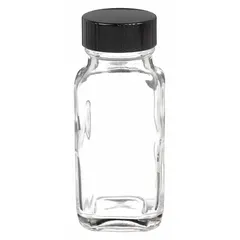 Rectangular glass bottle with 60 mL capacity, clear and colorless body. Features a 28-400 mm screw closure with phenolic cap and LDPE/PTFE liner. Not graduated and not pre-cleaned. Suitable for general laboratory liquid storage and sampling applications.