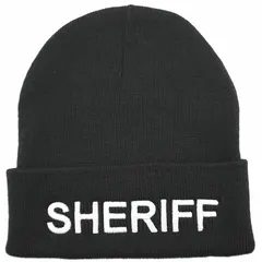 This beanie hat is made of acrylic knit material in a universal size. It features a black base with white lettering. Suitable for casual wear and cold-weather head protection.