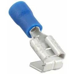 Partially insulated piggyback disconnect with blue vinyl covering. Features a 0.25 in x 0.032 in tab and socket/tab type. Used for quick connect or disconnect of electrical wires in control panels, appliances, and industrial equipment.