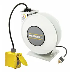 Self-retracting cord reel with ratchet lock mechanism for secure cord positioning. Includes 45 ft of 12 AWG SJO cable with NEMA 5-20P feeder plug and NEMA 5-20R retractable receptacle. Suitable for managing power delivery in industrial and commercial environments, reducing trip hazards and cord wear.