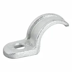Iron surface mount clamp for 3/4 in trade size IMC and RMC conduit. Electroplated gray finish provides corrosion resistance. Screw-on mounting with 0.313 in hole diameter. Overall dimensions: 2-7/32 in length, 3/4 in width, 1-1/32 in height.