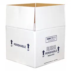White cardboard shipping box with a 1.25-inch-thick Styrofoam insert. Used for temperature-sensitive shipments requiring thermal protection during transit.