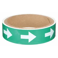 Green vinyl pipe marker with white legend text, 8 inches wide by 1 inch long, supplied on an 8-inch-wide roll. Non-reflective. Used for identifying pipe contents and indicating flow direction in industrial piping systems.