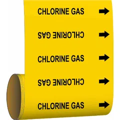 Yellow adhesive pipe marker with black legend reading 'Chlorine Gas' and directional arrows. Designed for pipes with outside diameter of 2 inches and smaller. Each roll contains 30 markers. Used to identify chlorine gas lines and indicate flow direction in industrial piping systems.