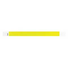 Tyvek security wristband in yellow, 10 inches long and 3/4 inch wide, supplied in packs of 500. The blank surface allows custom marking for temporary identification and access control in events, healthcare, and industrial facilities.