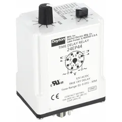 Socket-mounted single-function time delay relay with off-delay operation. Rated for 12V DC coil voltage and 8 A contact current. Features 8 pins/terminals for industrial control panel mounting. Used in applications requiring delayed de-energization after control signal removal.