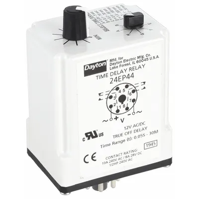 Dayton Single Function Time Delay Relay: Socket Mounted, 12V DC, 8 A, 8 Pins/Terminals - Socket-Mounted Relays