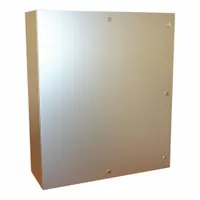 This 304 stainless steel enclosure measures 42 x 36 x 12 inches and is rated NEMA 12/13/3R/4/4X for protection against dust, water, and corrosion. It features a hinged cover with a 1/4-turn latch closure. Knockouts are not included. Suitable for housing electrical controls, terminals, and instruments in indoor and outdoor industrial settings