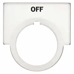Half-round legend plate for push-button stations, designed for 30 mm panel openings. Brushed aluminum construction with metallic gray finish and integral mounting tab. Marked 'Off' in English for clear stop function identification.