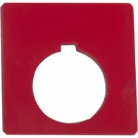 Square non-metallic plastic push-button ring and plate with 30 mm panel mounting size. Overall height and width 2 1/4 in. Black finish with red notch marking. Used in industrial control stations for push-button identification