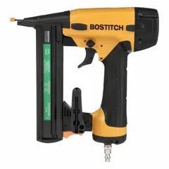 This air-powered finishing stapler drives 18-gauge staples with a 1/4-inch crown width, accommodating staple lengths from 1/2 inch to 1-1/2 inches. It is suited for trim work, cabinetry, and light framing applications such as attaching molding, paneling, and upholstery.