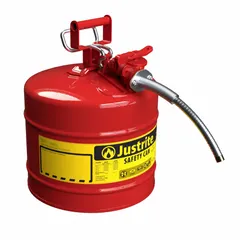 JUSTRITE Type II Safety Can for flammable liquids, 5 gal capacity, red finish. Includes a 5/8 in OD hose for controlled dispensing. Used in industrial settings for safe storage and transfer of flammable liquids.