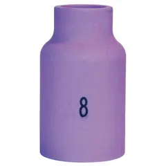 Alumina gas lens nozzle, model No. 8, standard size, reference number 54N14. Sold in a pack of 10. Used in TIG welding to improve shielding gas coverage and reduce turbulence.