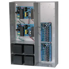 Steel-enclosed power supply board operating on 115V AC input. Delivers 24VDC output at up to 19A. Suitable for powering security, access control, and industrial automation equipment.