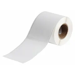 White matte-finish precut label roll for use with J2000 printer series. Label width 2 15/16 in, roll length 4 21/64 in. Suitable for industrial identification and labeling in demanding environments.
