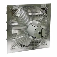 This 16-inch shutter-mount exhaust fan is driven by a 1/15 hp totally enclosed air-over motor, delivering 1,850 cfm at 115V AC, single-phase, single-speed. The aluminum housing resists corrosion, supporting use in industrial ventilation for removing heat, fumes, or stale air from factories, warehouses, and workshops.