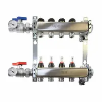 This stainless steel branch manifold from UPONOR features one 1 1/4 in inlet and one 3/4 in outlet, with an overall length of 21 in. It is used in plumbing and hydronic heating systems to distribute water or heating fluid. The corrosion-resistant stainless steel construction is suitable for residential and commercial applications requiring reliable flow control