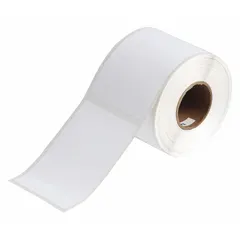 Acrylic, permanent adhesive label roll with 270 inkjet print-receptive labels. Each label measures 4 21/64 in x 2 61/64 in. Compatible with Brady J2000 printer series. Used for industrial labeling, asset tracking, and equipment identification.