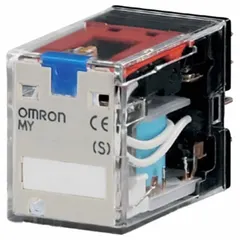 Socket-mounted relay from the OMRON MY Series with a 24V DC coil, 4PDT contact configuration, and 14 plug-in terminals. Features a square base and G socket, rated for 0.80 A at 250V AC. Suitable for general-purpose switching in industrial control panels and automation systems.