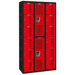 This HALLOWELL ventilated metal combination wardrobe and box locker is assembled and features 2 tiers, 3 units wide. The locker includes number plates and has ventilated doors to promote airflow. Typical applications include secure storage for personal items and hanging clothes in industrial facilities, schools, and gyms.