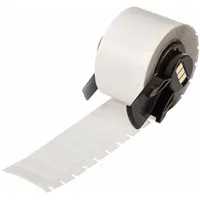 Thermal transfer printable precut label roll with acrylic permanent adhesive. Each label measures 9/32 in x 1 in, 750 labels per roll. Designed for use with the Brady M710 printer (with Media Adapter). Suitable for industrial identification, asset tagging, cable labeling, and safety signage