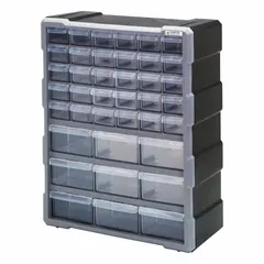 This plastic small parts drawer cabinet features 39 drawers, including 30 clear polypropylene drawers measuring 5-1/2 in x 2 in x 1-1/4 in. The black cabinet is stackable and has overall dimensions of 15 in x 6-1/4 in x 18-3/4 in. Suitable for organizing and storing small components such as fasteners and electronic parts in workshops and industrial settings.