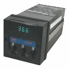 This digital counter/timer features a digital display and front panel mounting. It operates on 120 V AC and is certified to RU standards. Typical applications include counting events or timing intervals in industrial control systems, such as monitoring production cycles or machine operations.