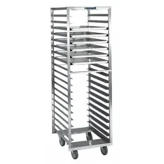 This light-duty end-loading sheet pan rack from LAKESIDE accommodates full-size 13 x 18 in pans across 20 slots with 3 in spacing. Constructed of gray stainless steel, it measures 21 in wide by 67 1/2 in high and has a 300 lb capacity. NSF certified, it is suitable for storing and transporting sheet pans in commercial kitchens and foodservice operations.