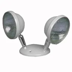 Steel remote head for emergency lighting systems. Features two 5 W lamps, adjustable head, and white housing. Designed for ceiling, end, or wall mounting at 6 V. Compatible with model LS2ECXL2RWW.