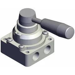 Manual air control valve from the VH Series with a lever actuator and side-ported body. Features 1/4 in NPT ports and a maximum operating pressure of 1 MPa. Used to start, stop, or redirect compressed air flow in pneumatic systems requiring manual control.