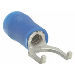 Vinyl-insulated fork terminals with flanged fork design for #6 studs. Accept 16 AWG to 14 AWG wire. Rated 600 V. Insulation grip barrel style provides secure termination in control panels and wiring systems.