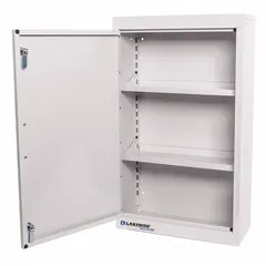 Keyed lock cabinet with one door and two shelves. Overall width 18 in. Suitable for securing medical supplies and instruments in healthcare facilities.