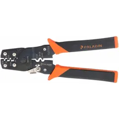 This pliers-style pin terminal crimper is designed for crimping contacts, telephone piercing spade lugs, and butt-insulated connectors. It is commonly used in telecommunications, data cabling, and low-voltage electrical installations. The tool requires no die changes for different connector types.