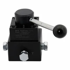 This lever-operated directional control valve features three positions and 1/4" NPT ports for manifold mounting. It is used to direct hydraulic fluid flow in industrial machinery such as hydraulic power units, presses, and material handling equipment.