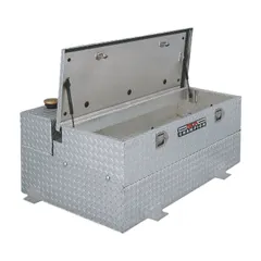 This L-shaped combo unit combines a 74-gallon diesel fuel transfer tank with a truck box for secure tool storage. Constructed from 0.125 ga aluminum with a clearcoat finish, it is designed for mounting on service trucks to provide fuel transport and storage alongside equipment.