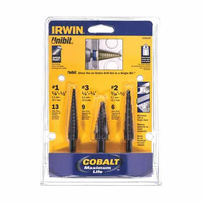 IRWIN Step Drill Bit Set: 3 Pc, 1/8" to 3/4", Black Oxide Cobalt - Cobalt Step Drill Bit Sets