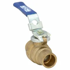 Two-piece brass ball valve with 1/2-inch sweat connections and a locking lever handle. Straight pattern for in-line shut-off in plumbing, HVAC, and industrial piping systems.