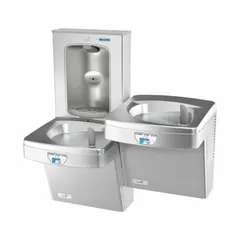 This on-wall two-level drinking fountain with bottle filler is constructed with a stainless steel housing in a silver finish. It features a touchless sensor for operation and top panel access for filter changes. The unit provides a chilling capacity of 8 gallons per hour at 50°F. Suitable for commercial and public spaces requiring accessible hydration stations.