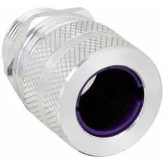 Straight metallic cable grip with 1/2 in MNPT box connection, accepting cord diameters from 0.75 in to 0.88 in. Constructed of aluminum with a silver finish and orchid color-coded grommet. Rated IP66 for water and dust ingress protection and Class I, Division 2 for hazardous locations. Overall length 2 1/16 in.